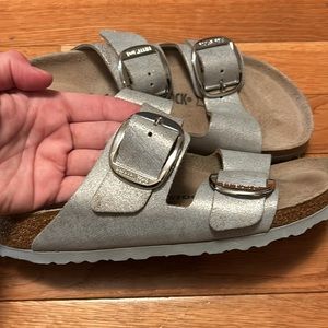 Birkenstock Arizona Big Buckle Washed Metallic Silver Sandals